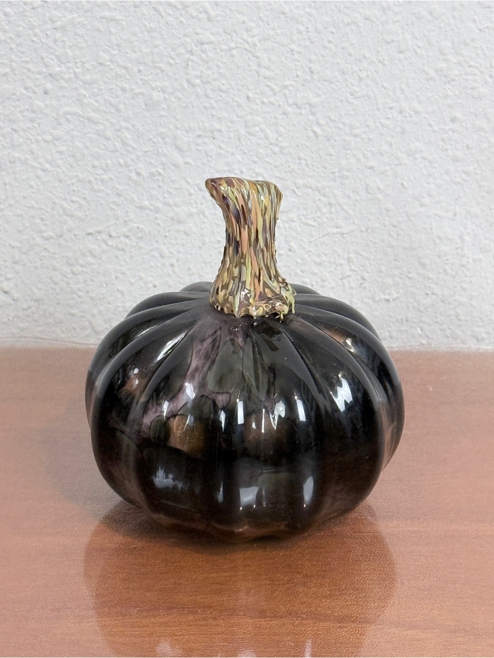 Black Glass Pumpkin with Iridescent Purple and Green 4.5-inch